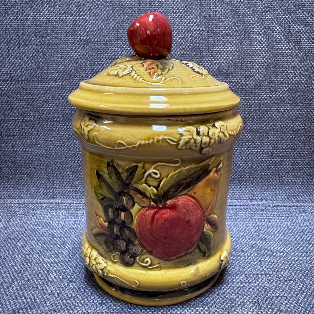 Lefton Yellow Ceramic Canister with Red Apple Finial